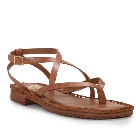 NEW VINCE CAMUTO Made In Brazil Leather Barey Flat Sandals Cognac 362mn - Picture 1 of 8